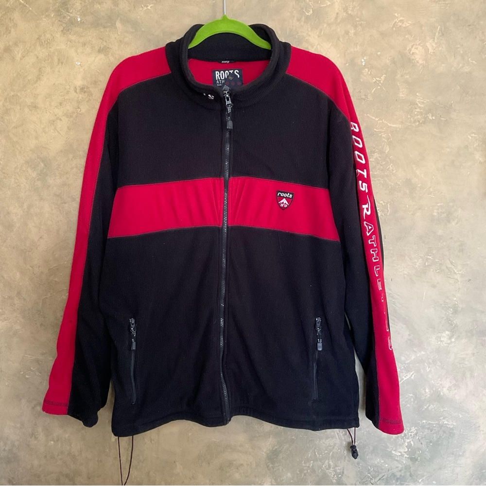 Vintage 90s Y2K Roots Athletics Full Zip Fleece Jacket Red Black L Relaxed Fit